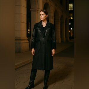 Fitz Wright Vintage Black Leather Suede Paisley Trench Coat Size S Oversized